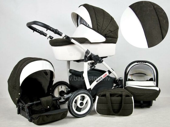 Raf-pol White Lux Art. 84769 Bērnu universālie jaundzimušo moderni ratiņi ar piepūšamiem riteņiem 2 vienā [viss komplektā]