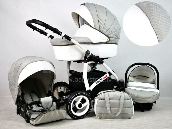 Raf-pol White Lux Art. 84774 Bērnu universālie jaundzimušo moderni ratiņi ar piepūšamiem riteņiem 2 vienā [viss komplektā]