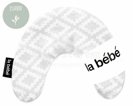 La Bebe ™ Mimi slaugos medvilnės pagalvė, 15742, etno pilkos spalvos pasagos pagalvėlė 19x46cm iš natūralaus 100% lino