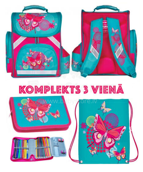 Patio  Ergo School Backpack Art.86049 Butterfly Школьный эргономичный рюкзак с ортопедической воздухопроницаемой спинкой [портфель, разнец] комплект