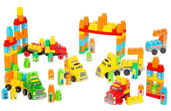 „Molto Art.16480 City Trucks“ vystomasis žaislas / konstruktorius „City“ su 196 vnt. kaladėlės ir 4 vnt. mašina