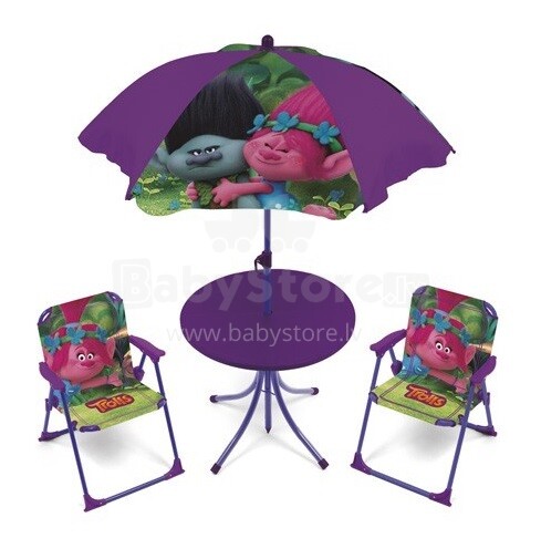 „Arditex Trolls Art.TL11353“ darželio baldų komplektas: stalas su skėčiu nuo saulės ir 2 kėdės