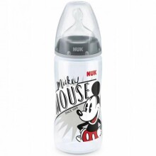 „Nuk First Choice Black Mickey Art.SK76“ plastikinis butelis su plokščiu kaklu ir 2 dydžio (6–18 mėnesių) silikoniniu čiulptuku pienui, 300 ml