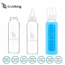 EcoViking Blue Art.107333 Антиколиковая стеклянная бутылочка для кормления, 240мл