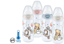 Nuk First Choice Disney Winnie  Art.SK46 Plastmasas pudele ar platu kakliņu un 1.izmēra silikona knupīti piena maisījumam (0-6 mēn.) 300 ml