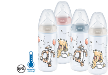 Nuk First Choice Disney Winnie  Art.SK46  Пластмассовая бутылочка с широким горлышком и соской из силикона 1 размера для смесей (0-6 мес.) 300мл