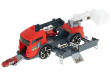 Ikonka Art.KX5994 Transporterio sunkvežimis TIR 2in1 automobilių stovėjimo aikštelė, gaisrinė + 3 automobiliai raudona