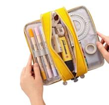 Ikonka Art.KX5673_2 School pencil case triple sachet vanity case 3in1 yellow