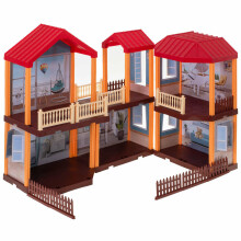 Ikonka Art.KX5139 Lėlių namelis willa raudonas stogas apšvietimas + baldai ir lėlės