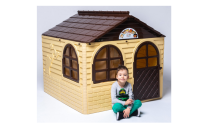 3toysm Art.302 Children's playhouse with curtain rods and curtains beige-brown Māja bērniem
