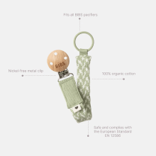 Bibs x Liberty Pacifier Clip Art.152360 Eloise Ivory Pastelinės žalios spalvos ąžuolo grandinėlė (čiulptuko laikiklis) su segtuku