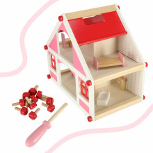 Ikonka Art.KX4351 Wooden dolls' house white and pink + furniture 36cm