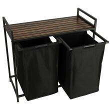 Ikonka Art.KX4348 Divu nodalījumu veļas grozs ar koka galda plauktu LOFT rustic black
