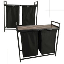 Ikonka Art.KX4348 Divu nodalījumu veļas grozs ar koka galda plauktu LOFT rustic black