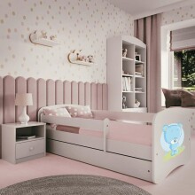 Bed babydreams white blue teddybear with drawer with non-flammable mattress 180/80