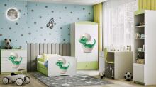 Bed babydreams green baby dino with drawer with non-flammable mattress 140/70
