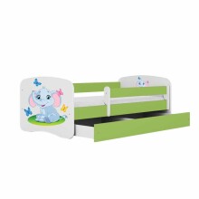 Bed babydreams green baby elephant with drawer with non-flammable mattress 140/70