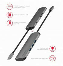 Разветвитель Swissten USB-C 6in1 с 3X USB 3.0 / 1X USB-C Power Delivery / 1X microSD / 1X SD / Алюминиевый корпус