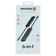 Разветвитель Swissten USB-C 6in1 с 3X USB 3.0 / 1X USB-C Power Delivery / 1X microSD / 1X SD / Алюминиевый корпус