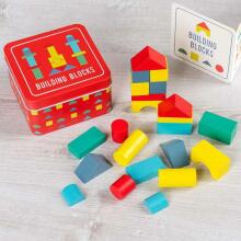 Wooden building blocks in a tin, Rex London