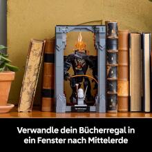 Lego Icons The Lord of the Rings Art.10367 Balrogs grāmatu plauktā — pašdarināts grāmatu plaukta rotājums ar pelēko Gandalfa mini figūriņu un pūķa figūriņu