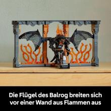 Lego Icons The Lord of the Rings Art.10367 Balrogs grāmatu plauktā — pašdarināts grāmatu plaukta rotājums ar pelēko Gandalfa mini figūriņu un pūķa figūriņu