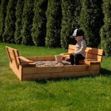 Bebe Basic Wood Sandbox Art.199543 Bronze Koka smilšu kaste ar vāku un soliņiem un pārsegu 120x120cm