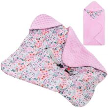 Baby wrap for car seat and carrier Springos SB0052, 77x77 cm, reversible blanket with hood, floral design, pink/multicolor