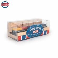 MOTIVATION wooden teacher's stamps in English in a table stand with integrated ink pads, 13 pieces