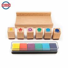 MOTIVATION wooden teacher's stamps in English in a table stand with integrated ink pads, 13 pieces