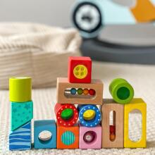 TOOKY TOY Wooden Box Sensory Blocks Multifunctional Puzzle Shapes Sound Touch 12 pcs.