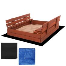 Coverable sandbox with benches Springos SBP100SET04 100×100 cm impregnated wood, with geotextile and tarpaulin, brown