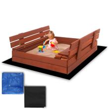 Coverable sandbox with benches Springos SBP100SET04 100×100 cm impregnated wood, with geotextile and tarpaulin, brown