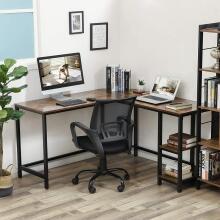 Corner computer desk, brown, steel structure, two shelves