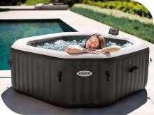 Inflatable octagonal jacuzzi hot tub with hydro massage 4-person 180x71 cm premium accessories INTEX 28458jacuzzi ośmiokątne hydromasaż 4 os. 180x71 cm akcesoria premium INTEX 28458