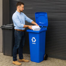 Trash Bin Container 120L Blue Paper with Rubber Wheels