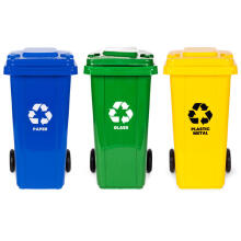 Set of 3 Trash Bins Containers 3x120L Blue Green Yellow Paper Glass Plastic with Rubber Wheels