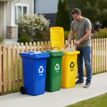 Set of 3 Trash Bins Containers 3x120L Blue Green Yellow Paper Glass Plastic with Rubber Wheels