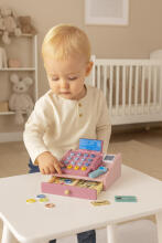 Wooden Cash Register for Children with Scanner Banknotes Coins Card
