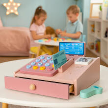 Wooden Cash Register for Children with Scanner Banknotes Coins Card