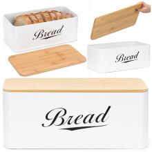 Metal bread bin 33x18x14 cm, closed bread container, bamboo board, white