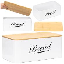 Metal bread bin 33x18x14 cm, closed bread container, bamboo board, white