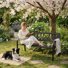 Garden bench with decorative backrest 120×50 cm, metal, park style, black, MultiGarden