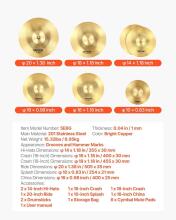 Vevor 6 Piece Cymbal Set Drumsticks Art.287554 Set Including 355mm HiHat, 400&455mm Crash, 505mm Ride, 254mm Splash, 400mm China, Drumsticks and Cymbal Bag 6-osaline
