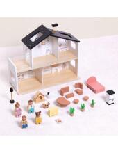 TOOKY TOY Wooden Dollhouse with Accessories and Family 20 pcs.