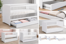 Klups Dalia Set Art.299161 White/Grey  Комплект:Детская деревянная кроватка 120x60см с выдвижным ящиком+ кокосовый матрас 120x60x8см+комод с пеленальною поверхностью+шкаф
