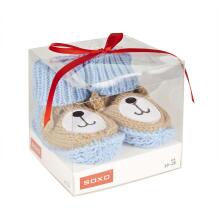 Soxo Teddy Art.69305 Blue Bear Вязанные Мягкие Детские Пинетки с апликацией в подарочной коробочке