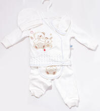 BebeKid Art.1519 Blue Комплектик хлопковый из 4 частей: штанишки, кофточка, шапочка, слюнявчик  0-3 мес.