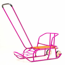 „SnowCross“ pulk. Pink Vaikų rogės iš metalo ir medžio su atlošu (nugara), rankenomis ir ratais